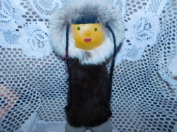 10'' LEATHER FACE, BROWN FUR BODY, FUR  HOOD, BRAIDS, SUEDE FLAT FEET ABORIGINAL DOLL